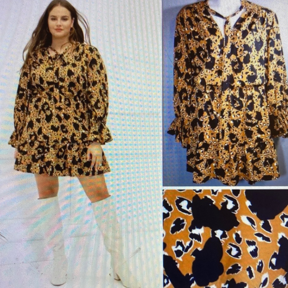 ELOQUII Elements Plus Size Cheetah Print Tie-Neck Flounce Midi Dress NWOT